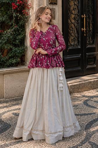 Purple Silk Free Size Stitched Lehenga Choli with Embroidery & Mirror Work