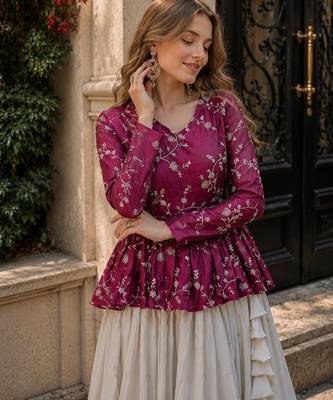 Purple Silk Free Size Stitched Lehenga Choli with Embroidery & Mirror Work 2