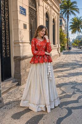 Orange Silk Free Size Stitched Lehenga Choli with Embroidery & Mirror Work 1
