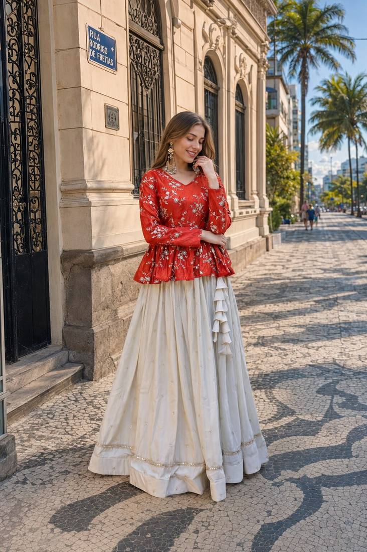 Orange Silk Free Size Stitched Lehenga Choli with Embroidery & Mirror Work