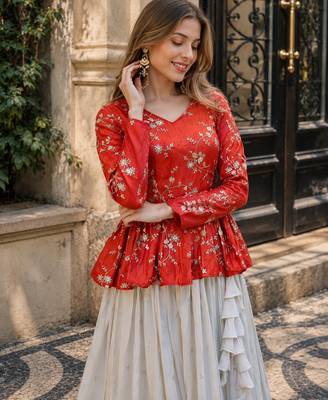 Orange Silk Free Size Stitched Lehenga Choli with Embroidery & Mirror Work 2