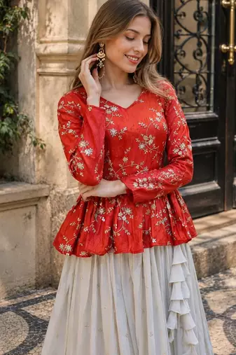 Orange Silk Free Size Stitched Lehenga Choli with Embroidery & Mirror Work