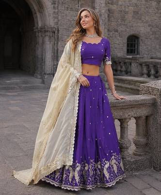 Violet Silk Semi Stitched Lehenga Choli with Embroidery & Zari Work 1
