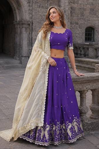 Violet Silk Lehenga Choli with Embroidery & Zari Work