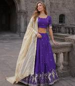 Violet Silk Semi Stitched Lehenga Choli with Embroidery & Zari Work