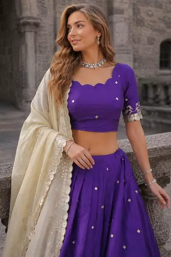 Violet Silk Semi Stitched Lehenga Choli with Embroidery & Zari Work