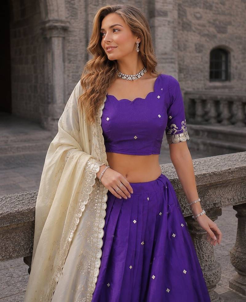Violet Silk Semi Stitched Lehenga Choli with Embroidery & Zari Work