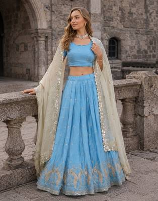 Blue Silk Semi Stitched Lehenga Choli with Embroidery & Zari Work 1