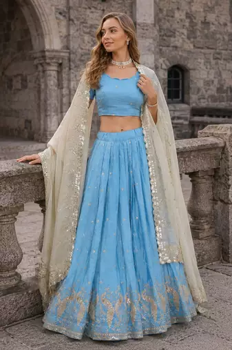 Blue Silk Semi Stitched Lehenga Choli with Embroidery & Zari Work
