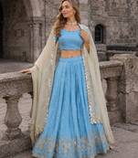 Blue Silk Semi Stitched Lehenga Choli with Embroidery & Zari Work