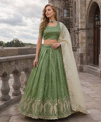 Green Silk Semi Stitched Lehenga Choli with Embroidery & Zari Work 1