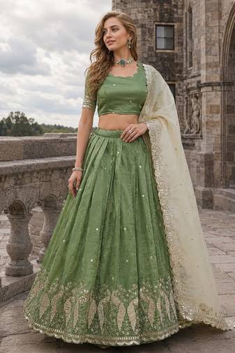 Green Silk Lehenga Choli with Embroidery & Zari Work