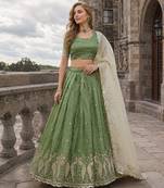 Green Silk Semi Stitched Lehenga Choli with Embroidery & Zari Work