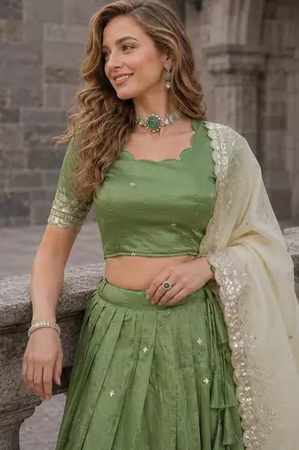 Green Silk Semi Stitched Lehenga Choli with Embroidery & Zari Work