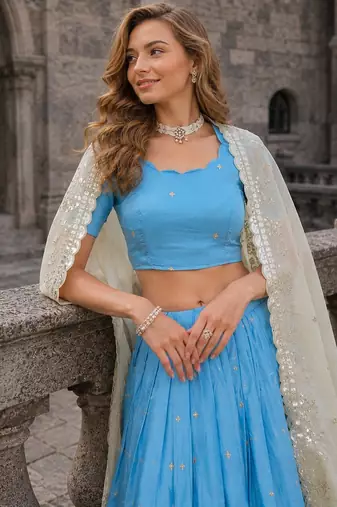 Blue Silk Semi Stitched Lehenga Choli with Embroidery & Zari Work