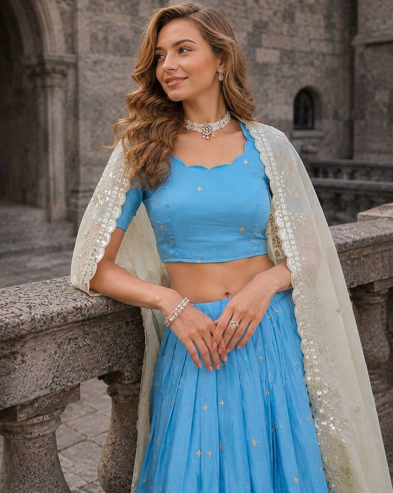 Blue Silk Semi Stitched Lehenga Choli with Embroidery & Zari Work