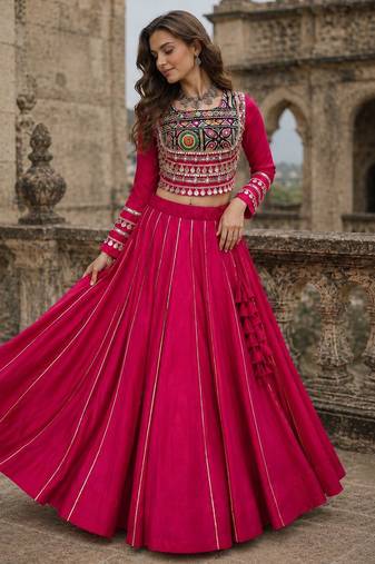 Pink Silk Free Size Stitched Navratri Lehenga Choli with Embroidery & Mirror Work