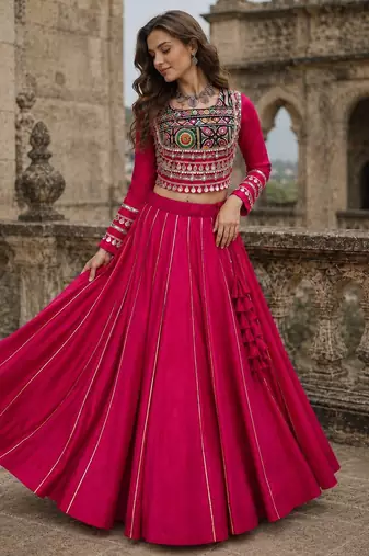 Pink Silk Free Size Stitched Navratri Lehenga Choli with Embroidery & Mirror Work