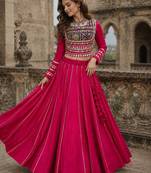 Pink Silk Free Size Stitched Navratri Lehenga Choli with Embroidery & Mirror Work