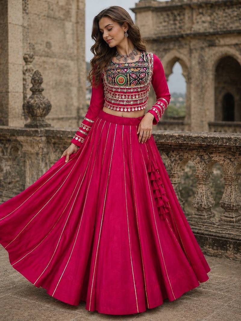 Pink Silk Free Size Stitched Navratri Lehenga Choli with Embroidery & Mirror Work