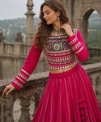 Pink Silk Free Size Stitched Navratri Lehenga Choli with Embroidery & Mirror Work 2