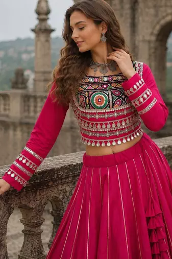 Pink Silk Free Size Stitched Navratri Lehenga Choli with Embroidery & Mirror Work