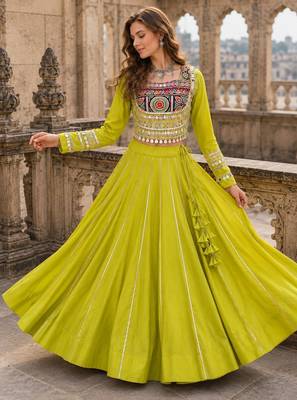 Yellow Silk Free Size Stitched Navratri Lehenga Choli with Embroidery & Mirror Work 1
