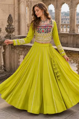Yellow Silk Free Size Stitched Navratri Lehenga Choli with Embroidery & Mirror Work