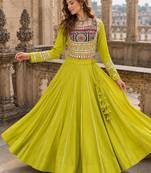 Yellow Silk Free Size Stitched Navratri Lehenga Choli with Embroidery & Mirror Work