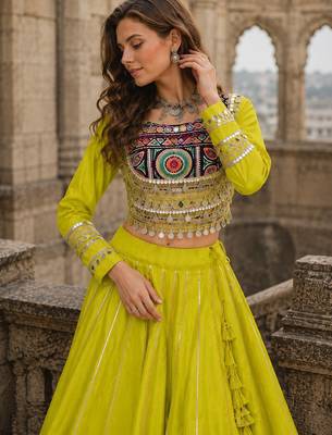 Yellow Silk Free Size Stitched Navratri Lehenga Choli with Embroidery & Mirror Work 2