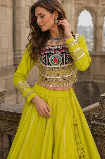 Yellow Silk Free Size Stitched Navratri Lehenga Choli with Embroidery & Mirror Work