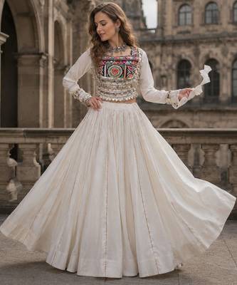 White Silk Free Size Stitched Navratri Lehenga Choli with Embroidery & Mirror Work 1