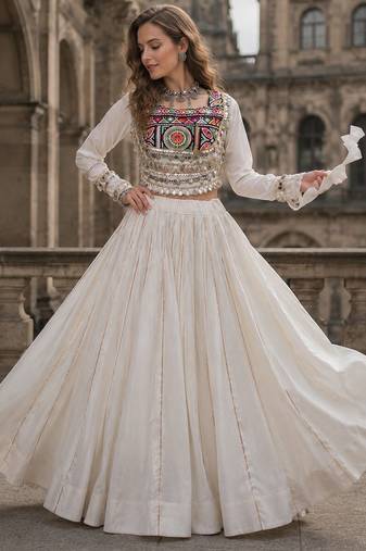 White Silk Free Size Stitched Navratri Lehenga Choli with Embroidery & Mirror Work