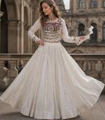 White Silk Free Size Stitched Navratri Lehenga Choli with Embroidery & Mirror Work