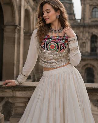 White Silk Free Size Stitched Navratri Lehenga Choli with Embroidery & Mirror Work 2