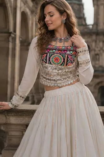 White Silk Free Size Stitched Navratri Lehenga Choli with Embroidery & Mirror Work