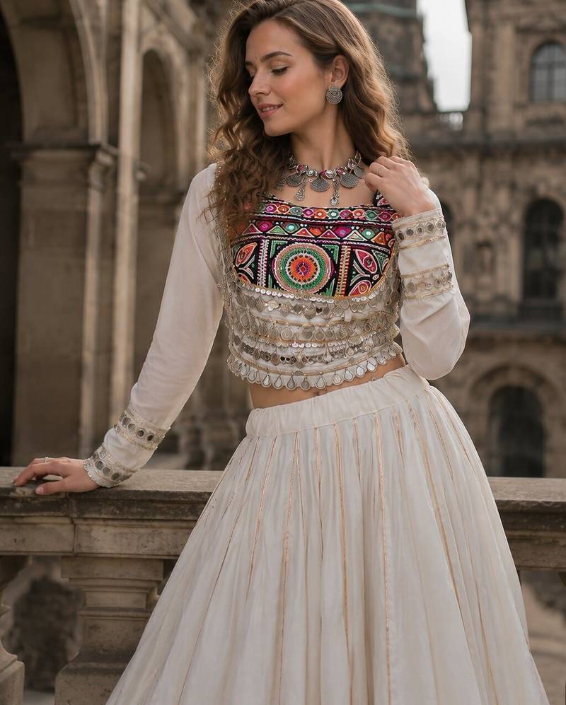 White Silk Free Size Stitched Navratri Lehenga Choli with Embroidery & Mirror Work