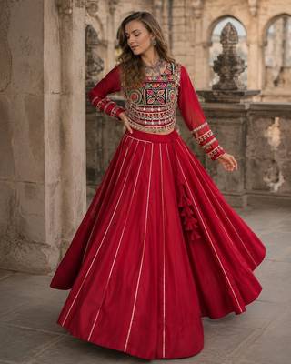 Red Silk Free Size Stitched Navratri Lehenga Choli with Embroidery & Mirror Work 1