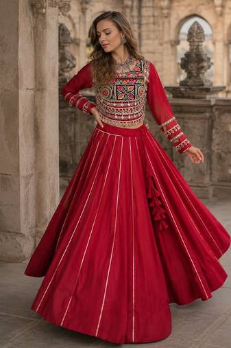 Red Silk Free Size Stitched Navratri Lehenga Choli with Embroidery & Mirror Work