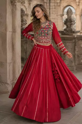 Red Silk Free Size Stitched Navratri Lehenga Choli with Embroidery & Mirror Work