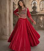 Red Silk Free Size Stitched Navratri Lehenga Choli with Embroidery & Mirror Work