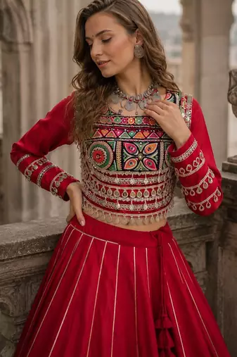 Red Silk Free Size Stitched Navratri Lehenga Choli with Embroidery & Mirror Work