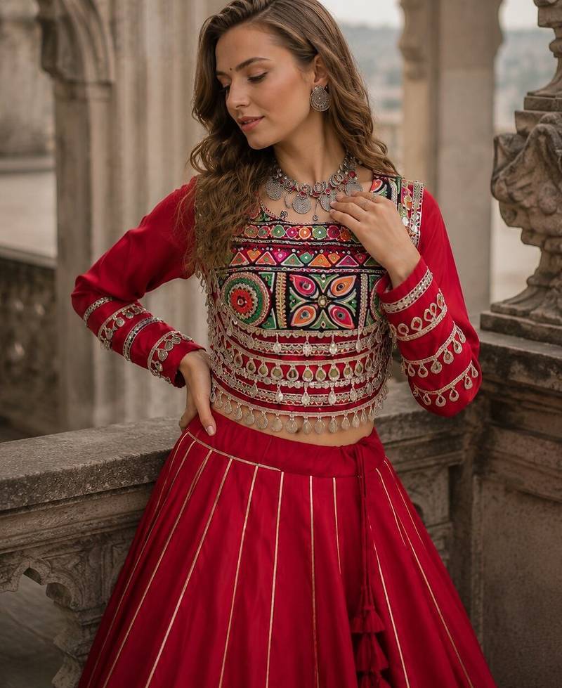 Red Silk Free Size Stitched Navratri Lehenga Choli with Embroidery & Mirror Work