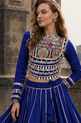 Blue Silk Free Size Stitched Navratri Lehenga Choli with Embroidery & Mirror Work