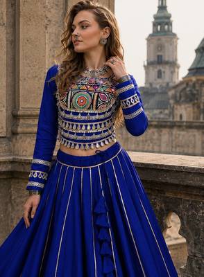 Blue Silk Free Size Stitched Navratri Lehenga Choli with Embroidery & Mirror Work 2