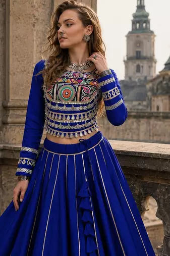 Blue Silk Free Size Stitched Navratri Lehenga Choli with Embroidery & Mirror Work