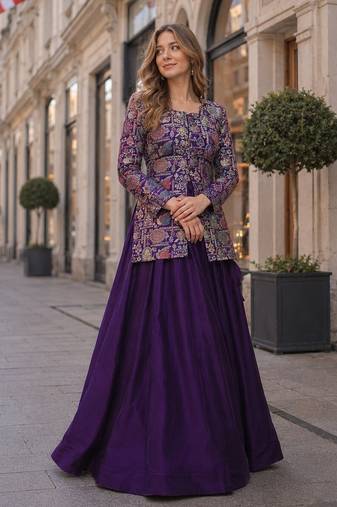 Purple Simmer Free Size Stitched Lehenga Choli with Embroidery & Jequard Work