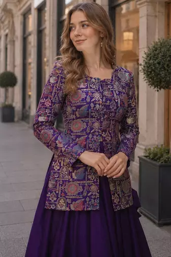 Purple Simmer Free Size Stitched Lehenga Choli with Embroidery & Jequard Work