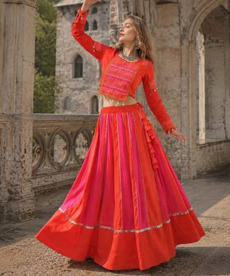 Pink & Red Silk Free Size Stitched Navratri Lehenga Choli with Embroidery & Mirror Work 1