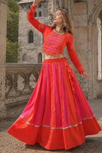 Pink & Red Silk Free Size Stitched Navratri Lehenga Choli with Embroidery & Mirror Work